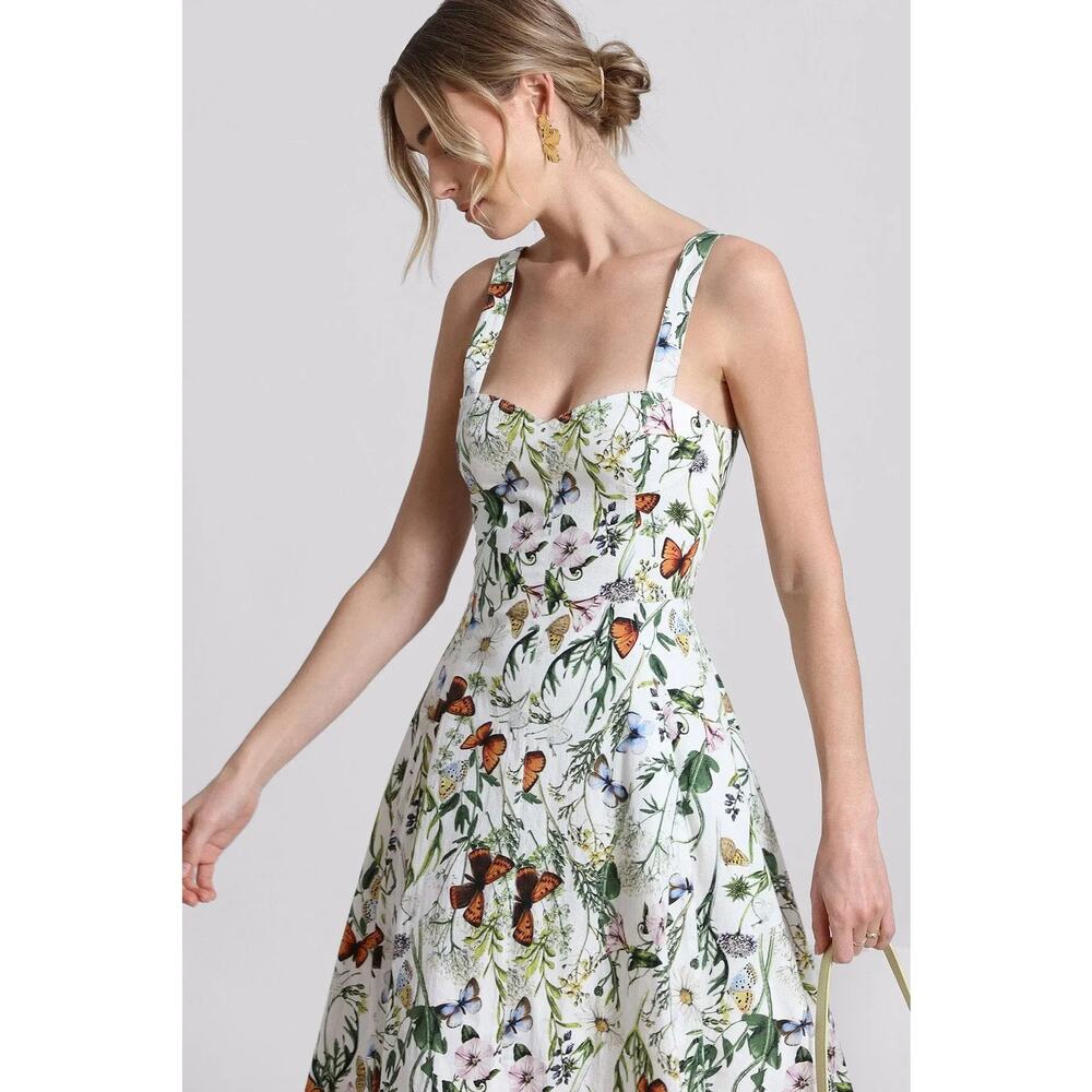 Fit and Flare Dress Womens 6 White Butterfly Floral Midi Sundress Avec Les Fille